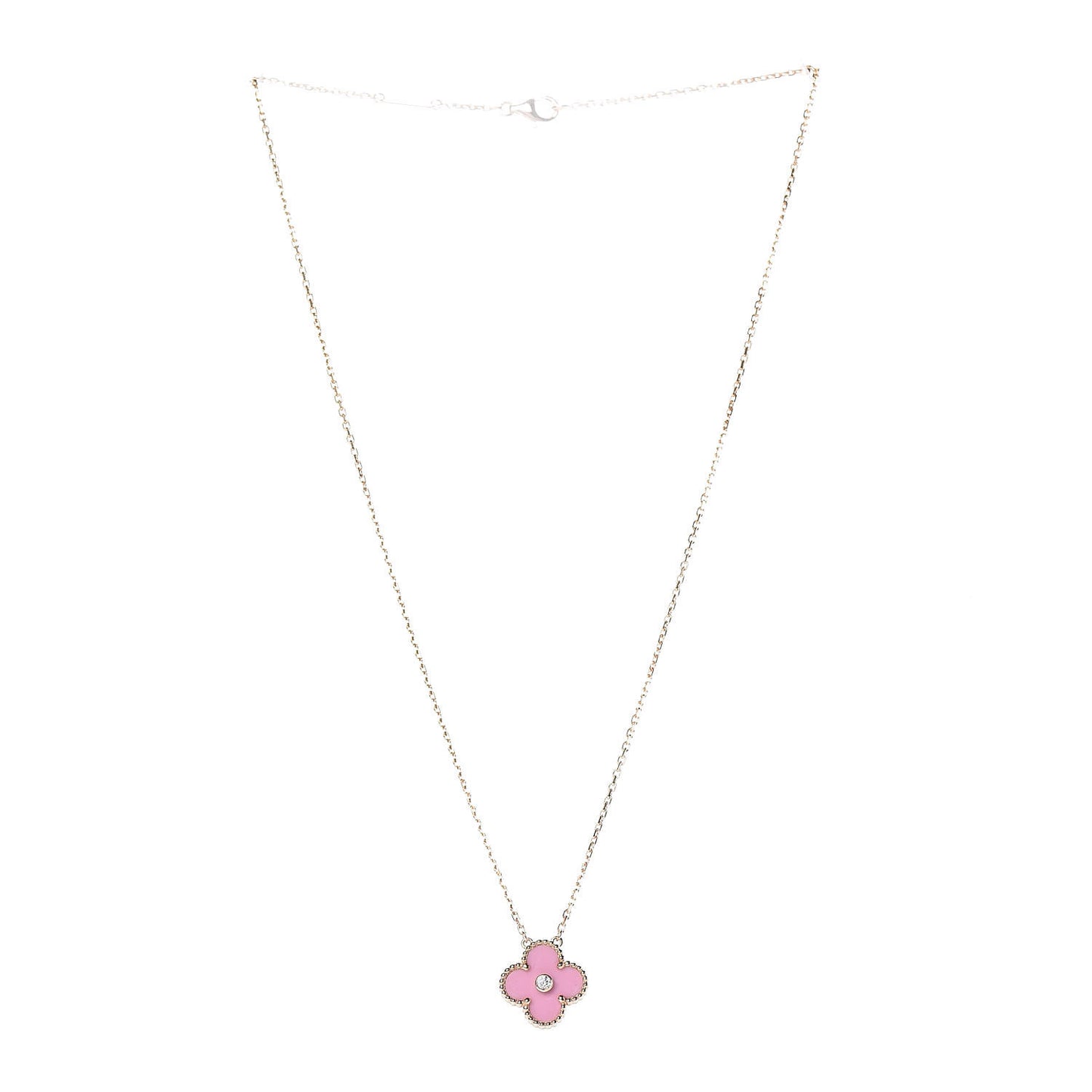 18K Rose Gold Diamond Pink Porcelain Vintage Alhambra Pendant Necklace