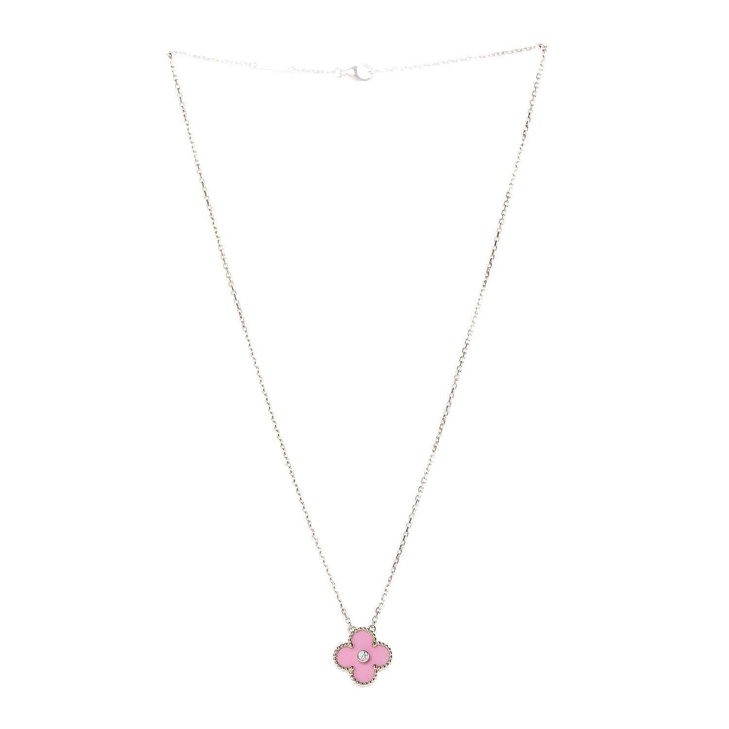 Van Cleef & Arpels 18K Rose Gold Diamond Pink Porcelain Vintage Alhambra Pendant Necklace 3 of 8