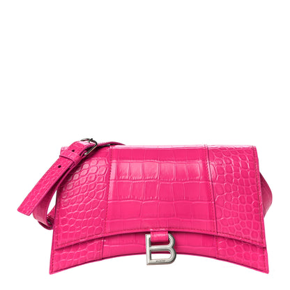 Balenciaga Shiny Calfskin Crocodile Embossed Small Hourglass Sling Shoulder Bag Fuchsia 1 of 9