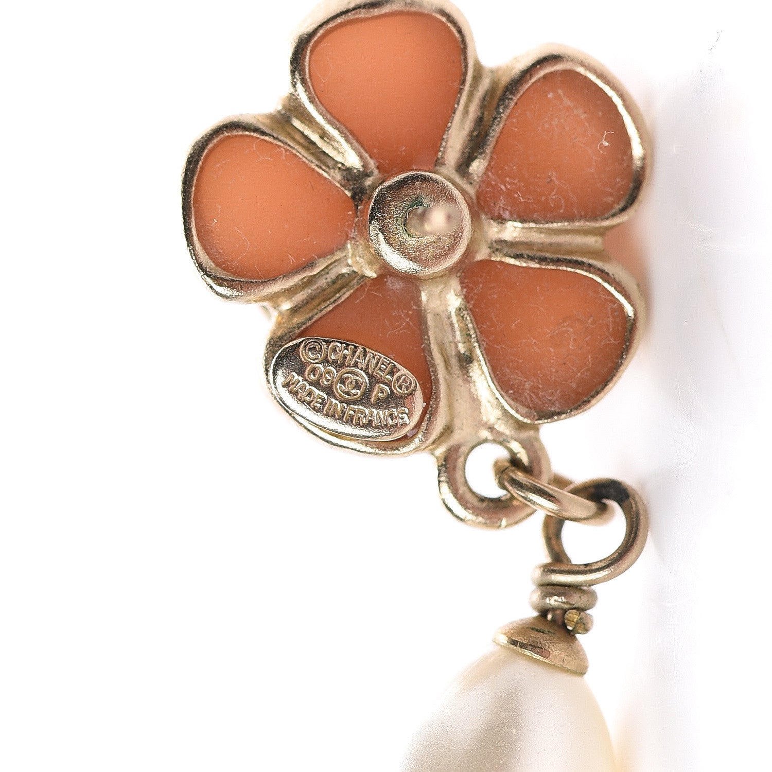 Chanel Enamel Pearl CC Flower Drop Earrings Gold Pink 4 of 4