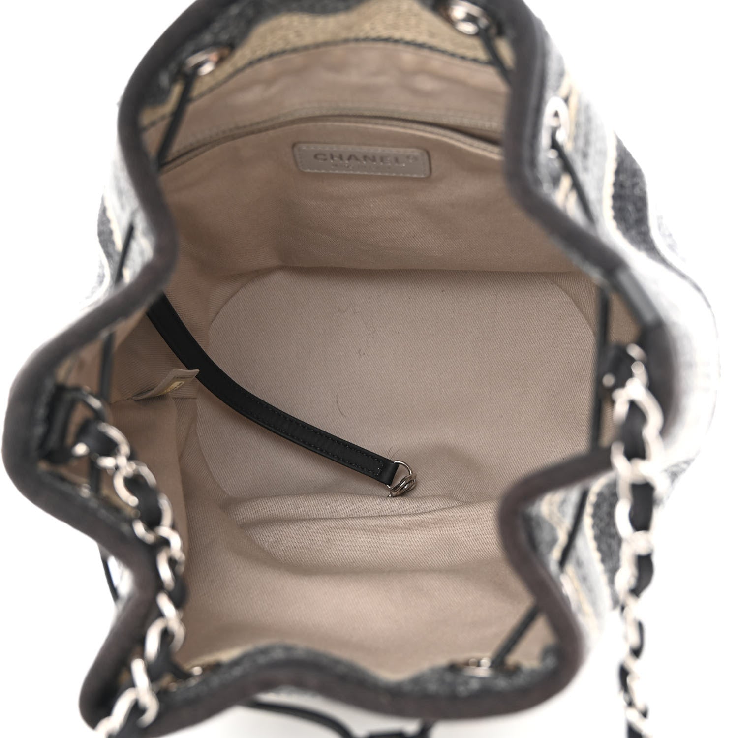 Chanel Striped Canvas Deauville Drawstring Bag Grey Black 5 of 12