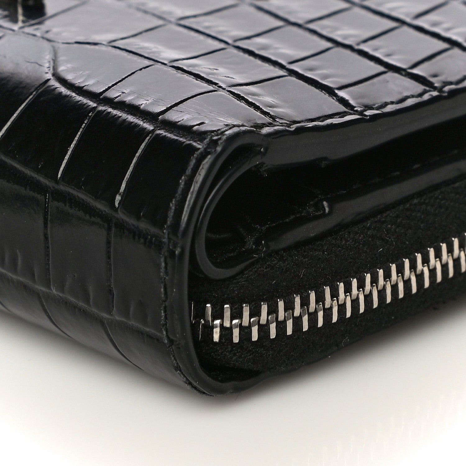 Saint Laurent Calfskin Crocodile Embossed Monogram Compact Wallet Black 10 of 13