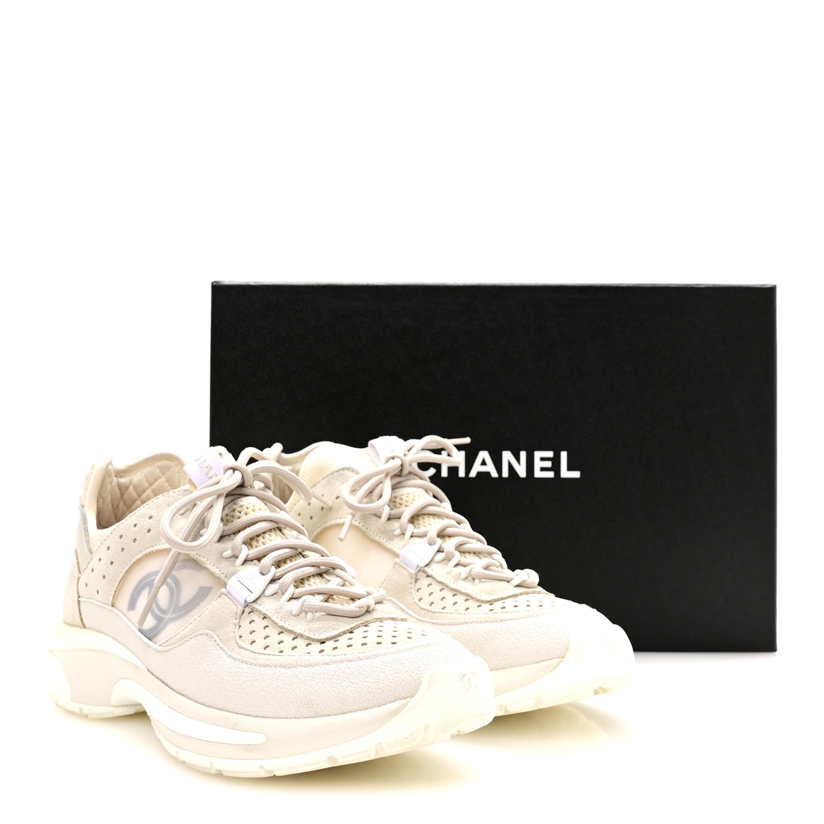 Chanel Suede Calfskin Womens CC Sneakers 38 White 8 of 8