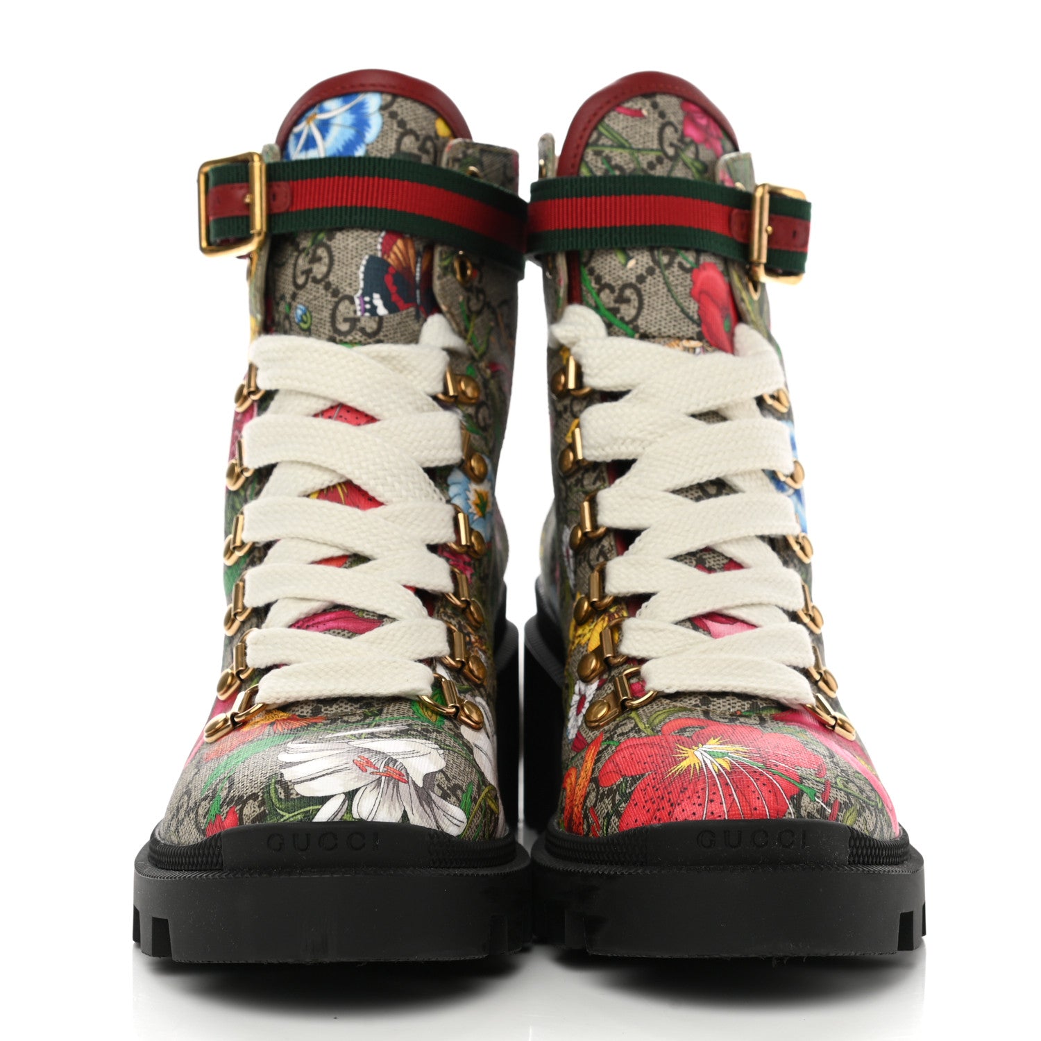 Gucci GG Supreme Monogram Flora Lace Up Combat Ankle Boots 37.5 Beige Multicolor Red 2 of 8