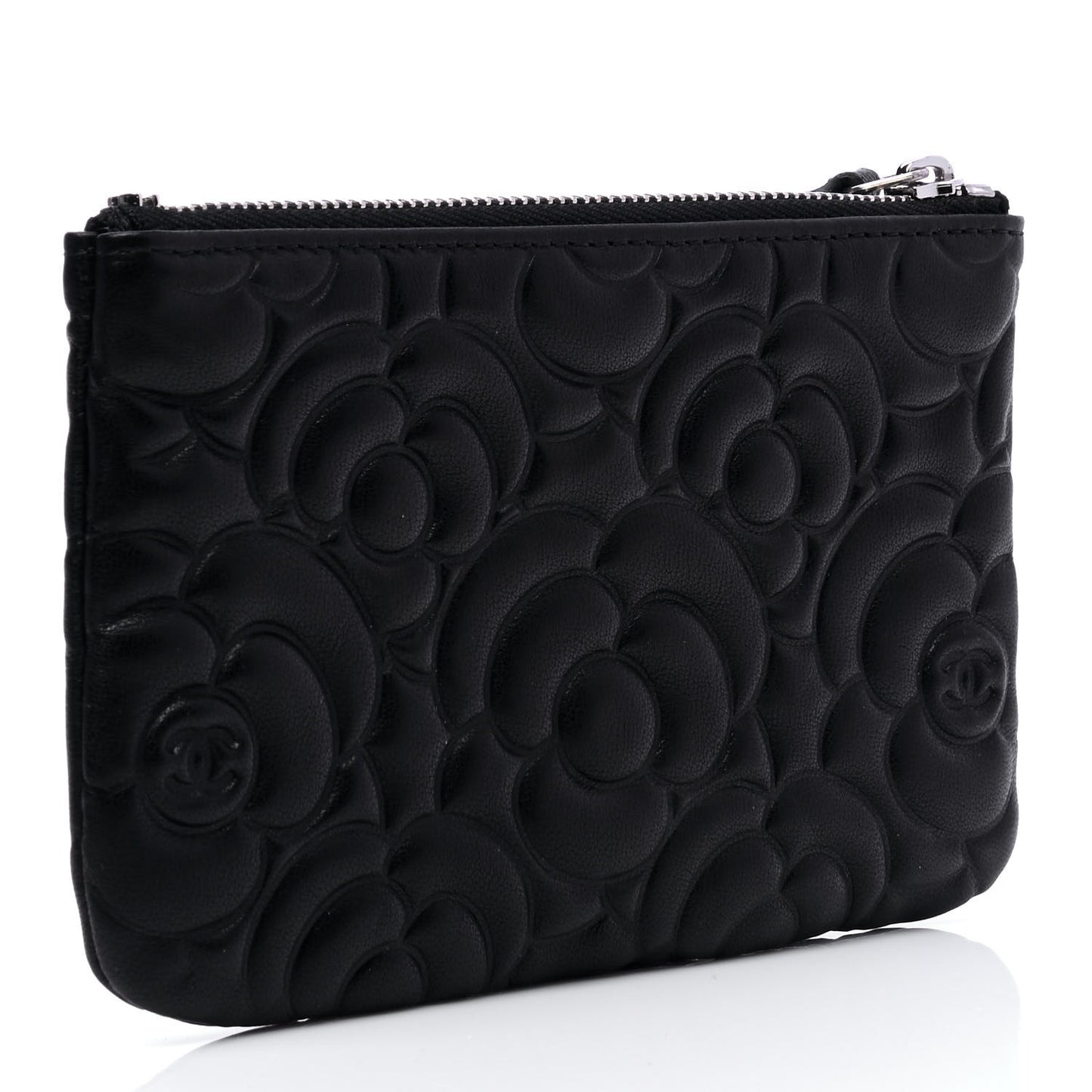 Goatskin Camellia Embossed Cosmetic Pouch Black