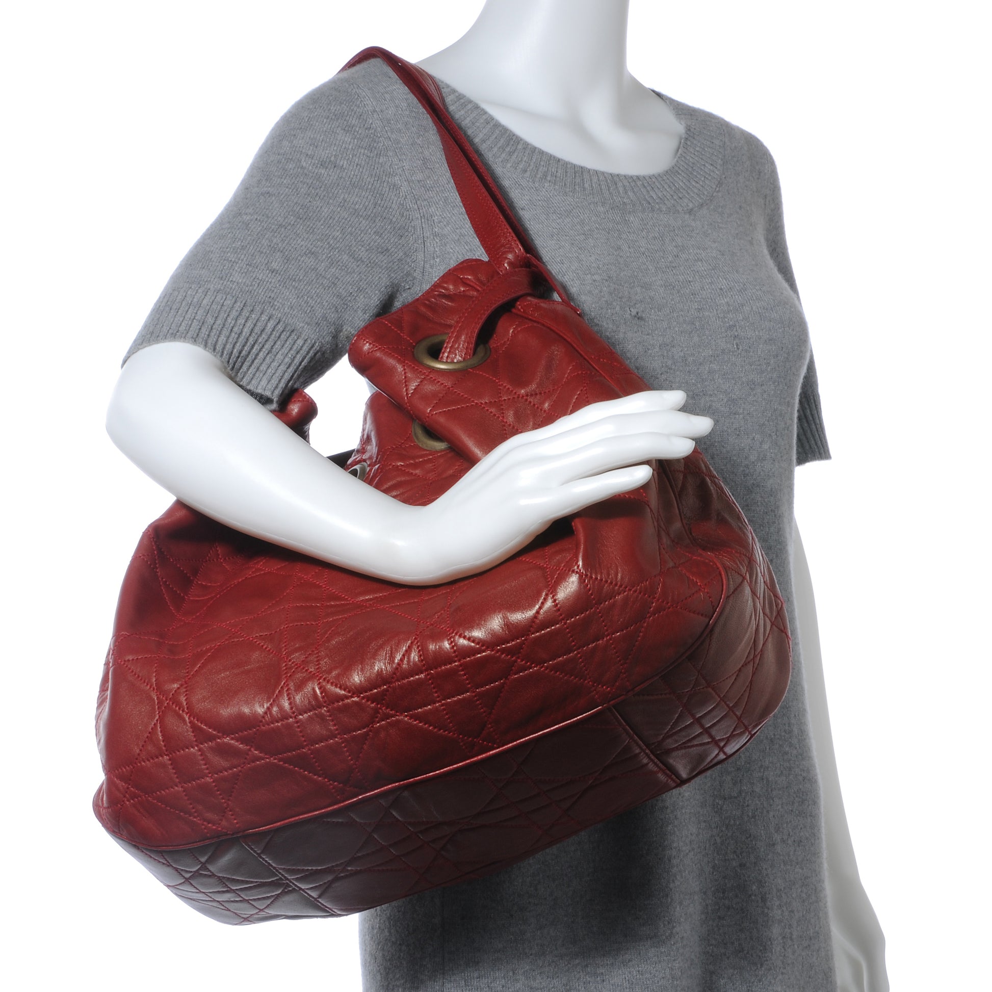 Christian Dior Lambskin Cannage Drawstring Bag Red 2 of 7
