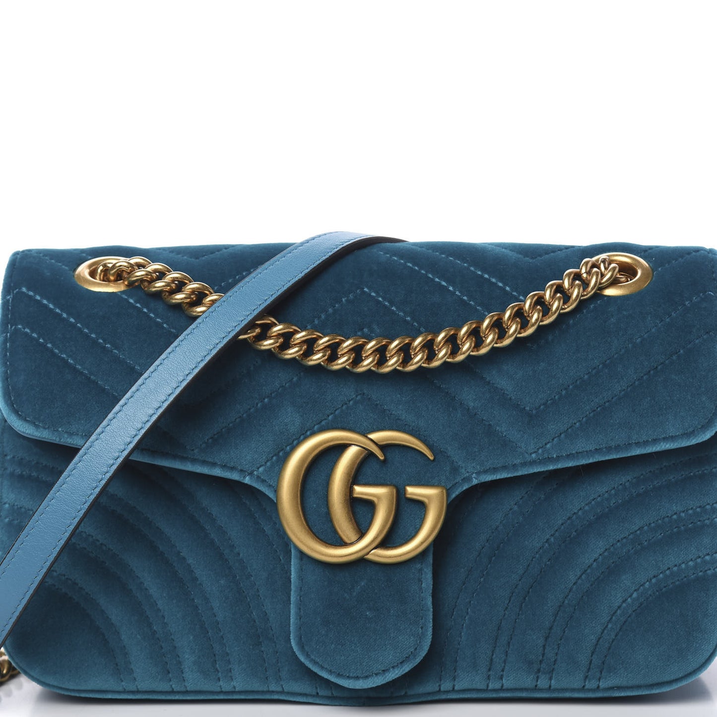 Velvet Matelasse Small GG Marmont Shoulder Bag Pavone Cyan