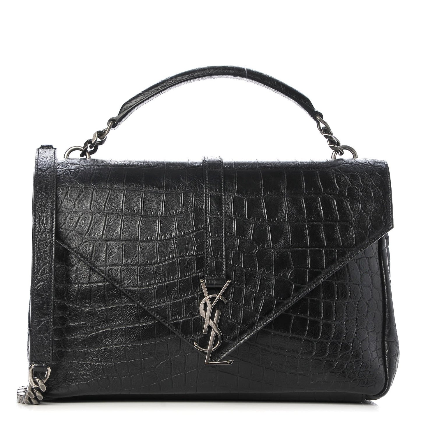 Calfskin Crocodile Embossed Monogram Large College Satchel Black