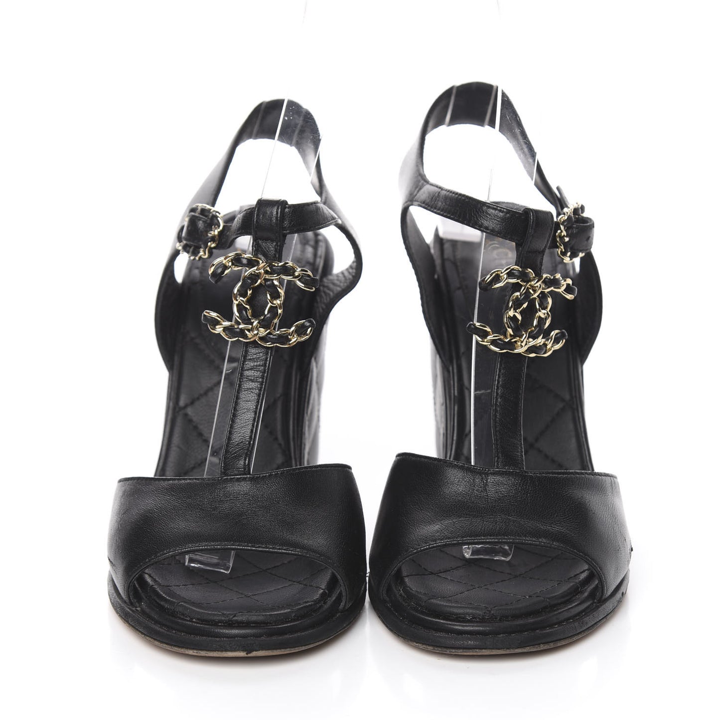Lambskin Quilted Chain CC Wedge Sandals 36.5 Black