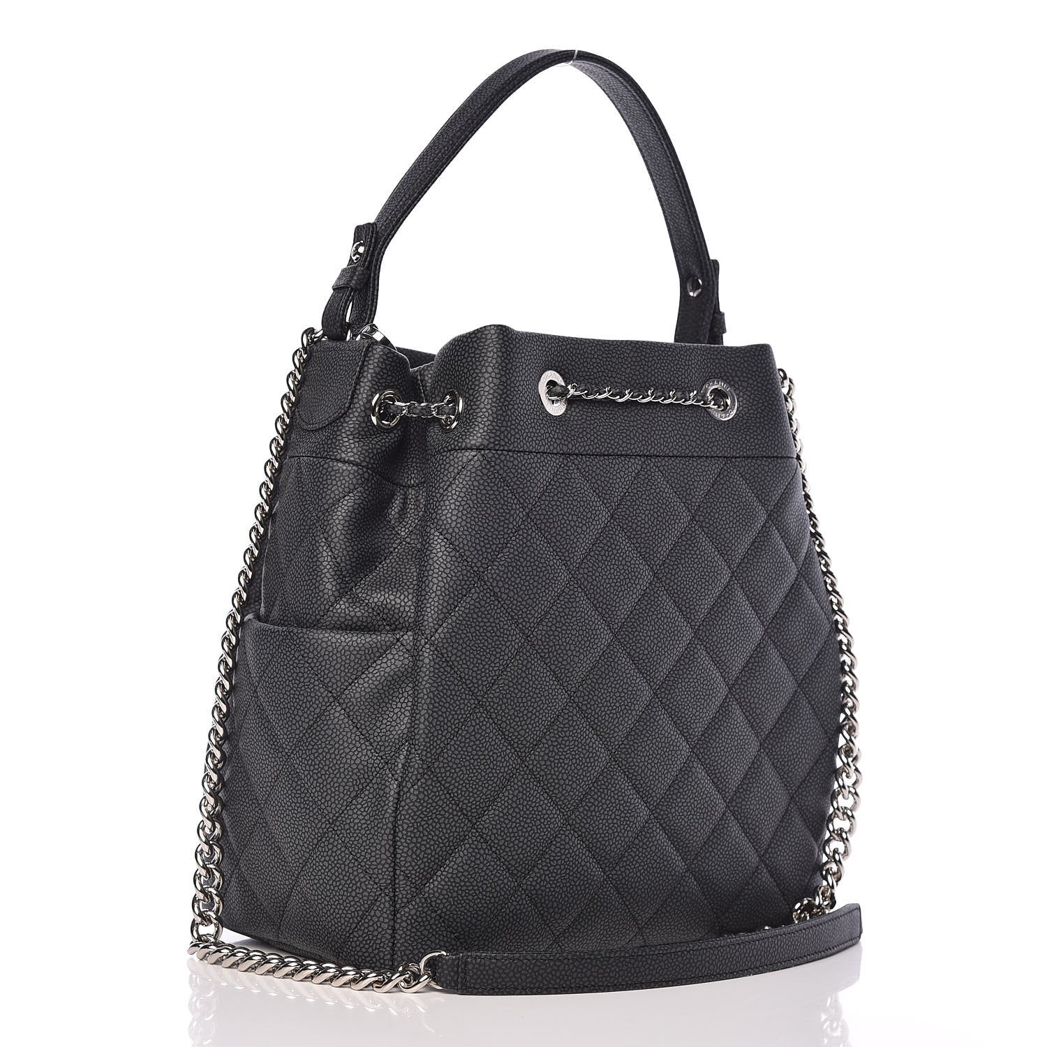 Chanel Grained Calfskin Quilted Medium CC Chain Bucket Drawstring Bag Grey 3 of 10