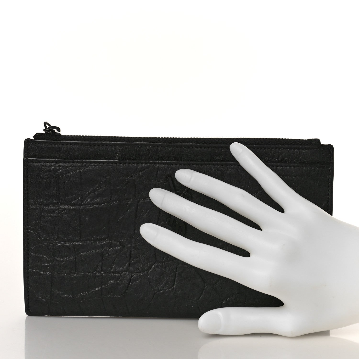 Saint Laurent Calfskin Crocodile Embossed Monogram Zip Bill Pouch Black 2 of 9