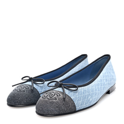 Chanel Denim Printed Quilt CC Cap Toe Ballerina Flats 39 Light Blue Dark Grey 3 of 9