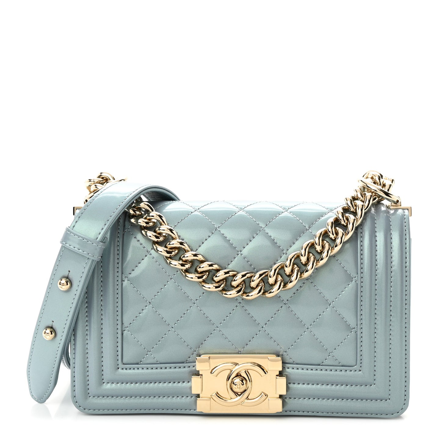 Iridescent Glazed Calfskin Quilted Small Boy Flap Light Blue