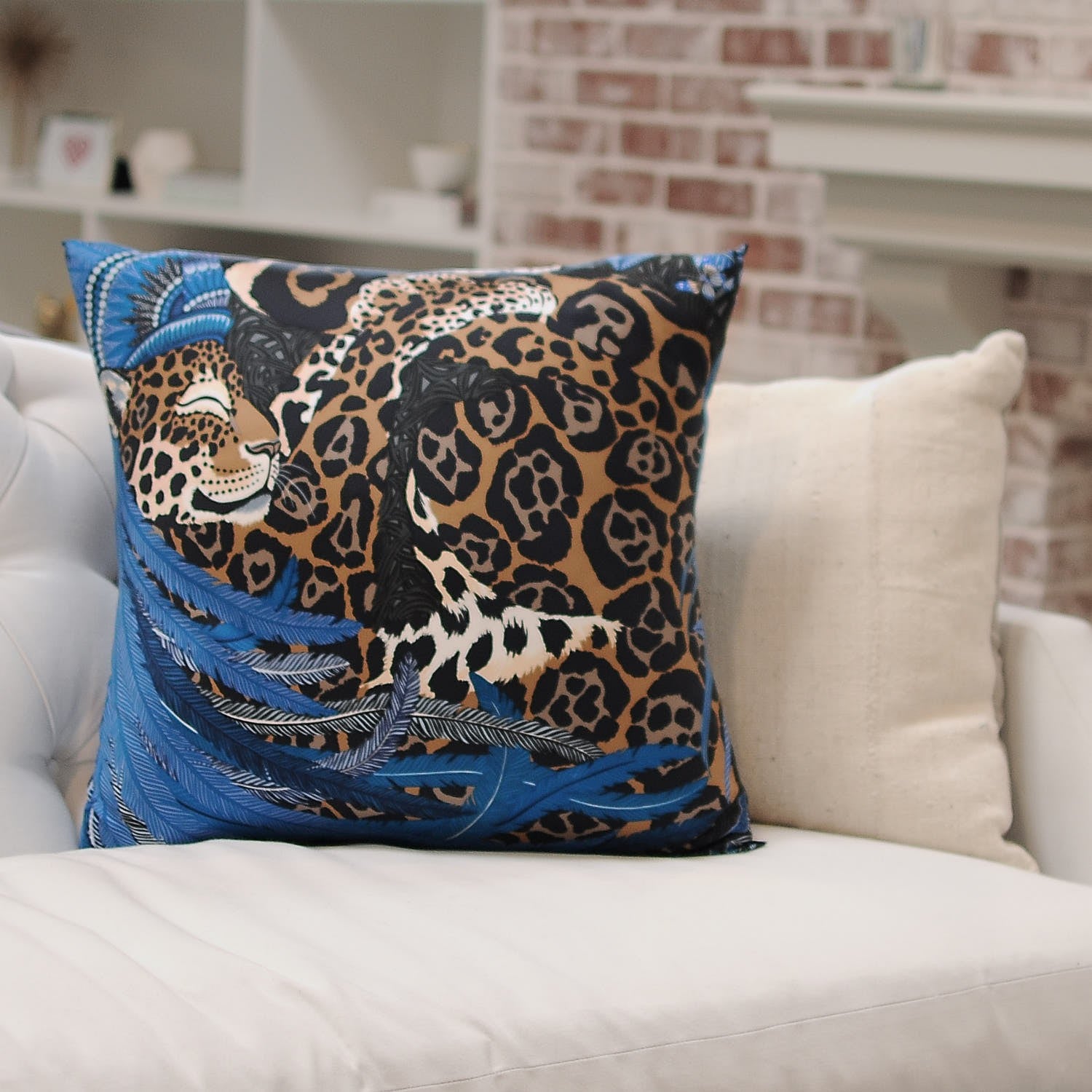 Hermes Cotton Silk Jaguar Quetzal Decorative Pillow Menthe Blue Jean Camel Marine 2 of 4