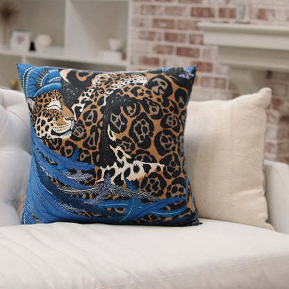 Hermes Cotton Silk Jaguar Quetzal Decorative Pillow Menthe Blue Jean Camel Marine 2 of 4