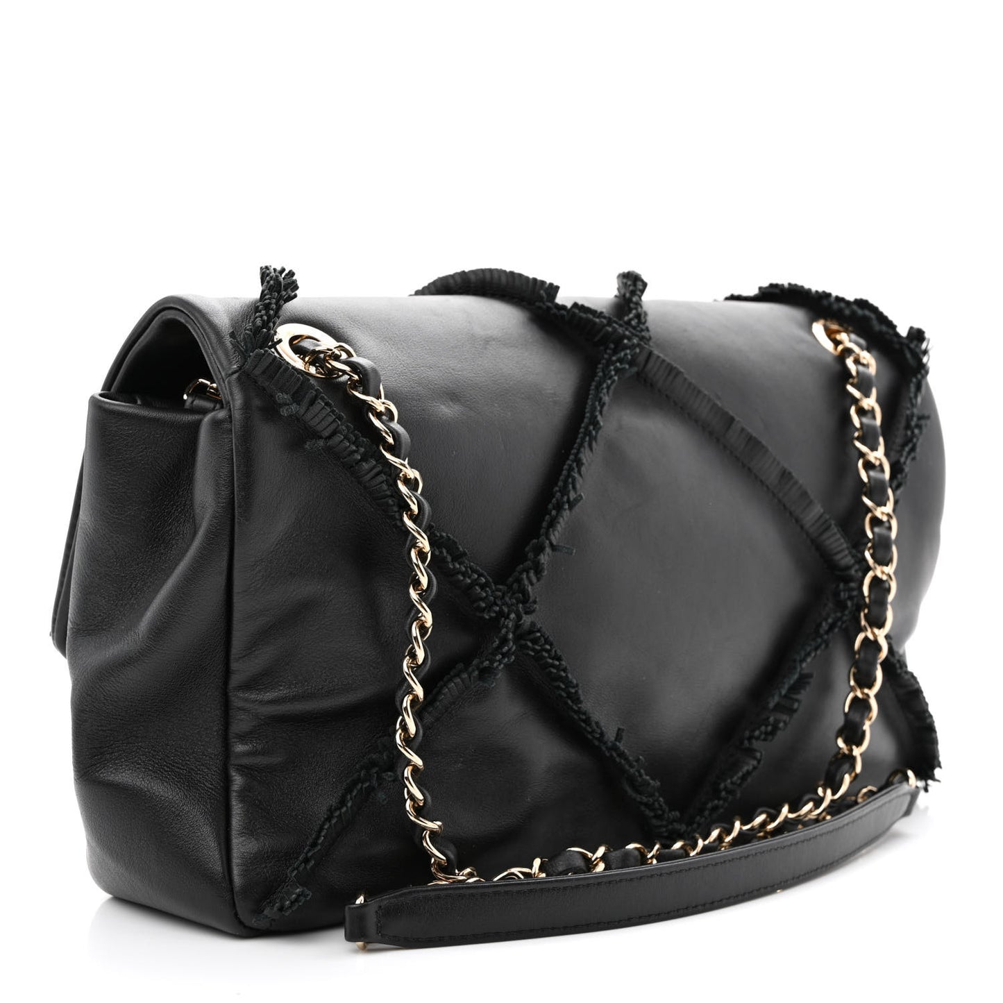Lambskin Fringe Single Flap Black