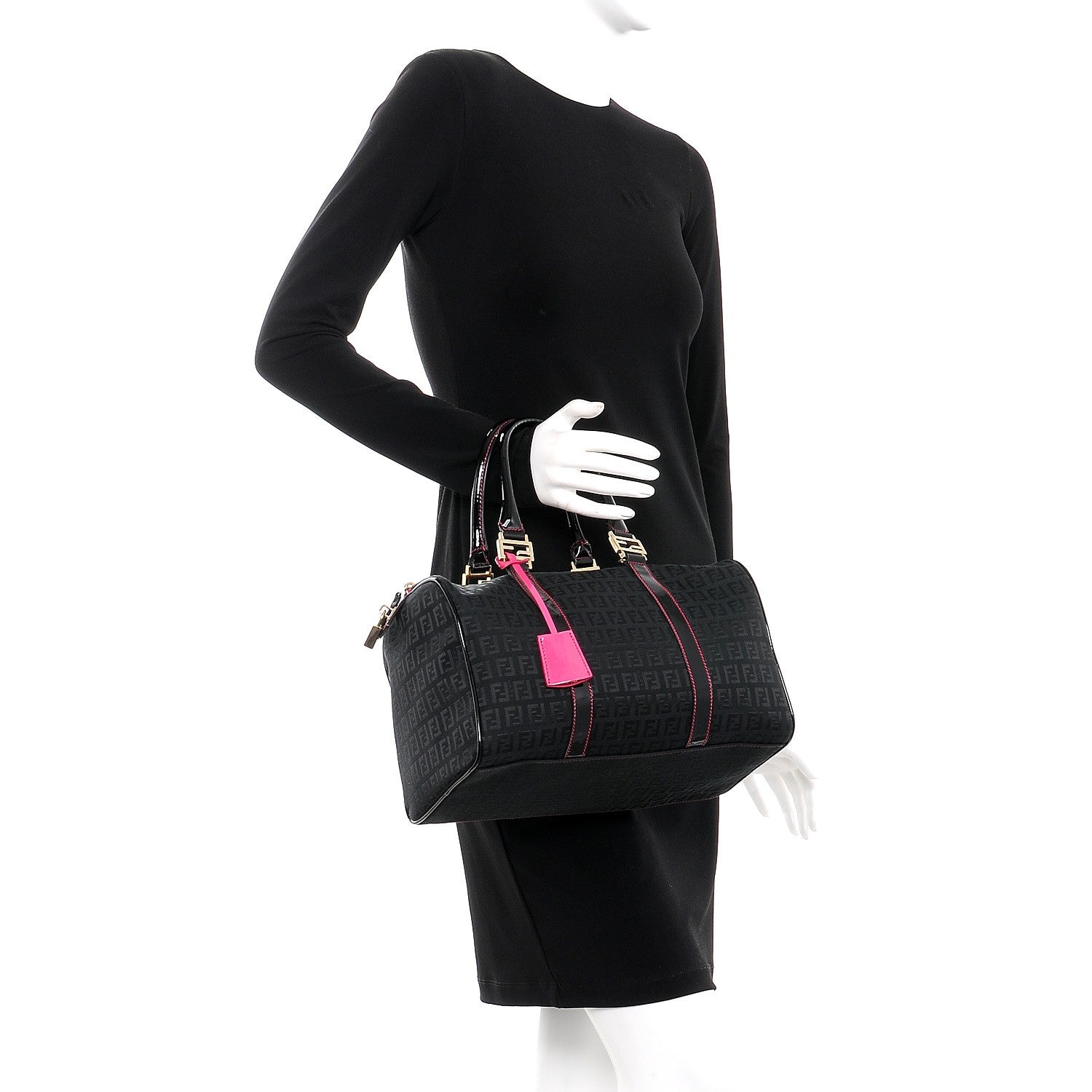 Fendi Zucchino Forever Boston Top Handle Bag Black Fuschia 2 of 8