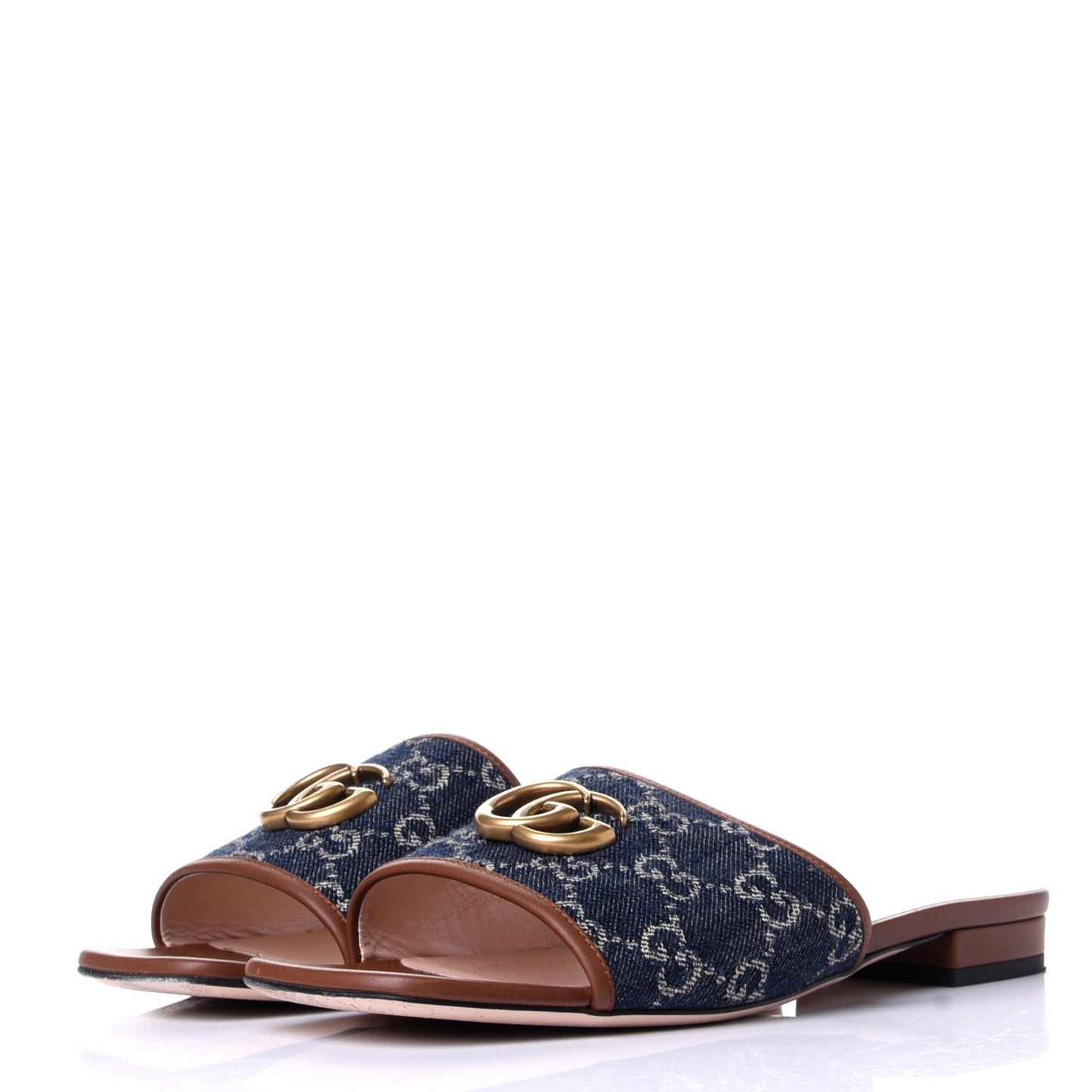 New Denim GG Monogram Miro Soft Calfskin Jolie Slide Sandals 38 Blue Tea Cuir Epilog