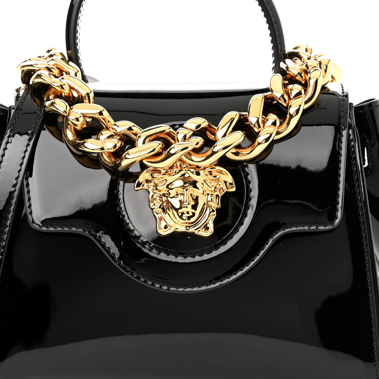 Patent Calfskin Small La Medusa Top Handle Bag Black