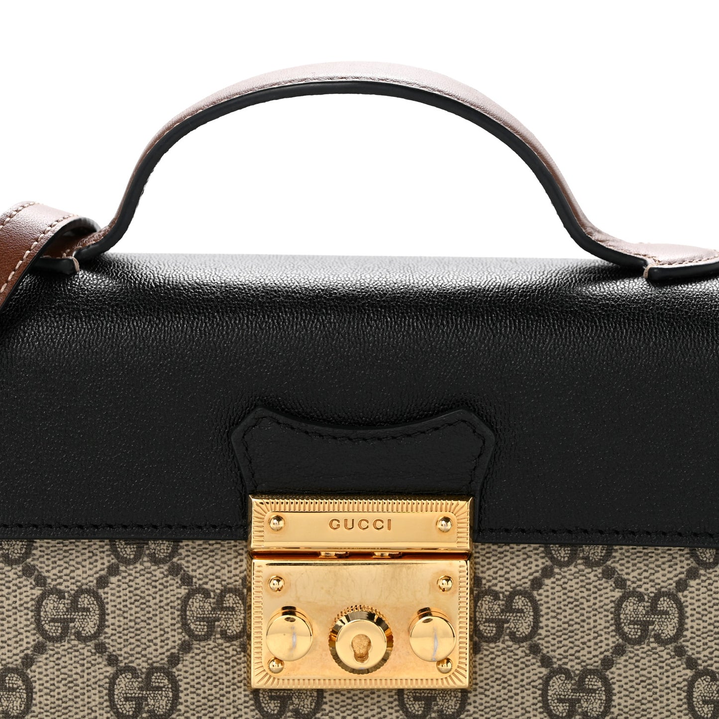 GG Supreme Monogram Calfskin Mini Padlock Top Handle Shoulder Bag Beige Black Cuir