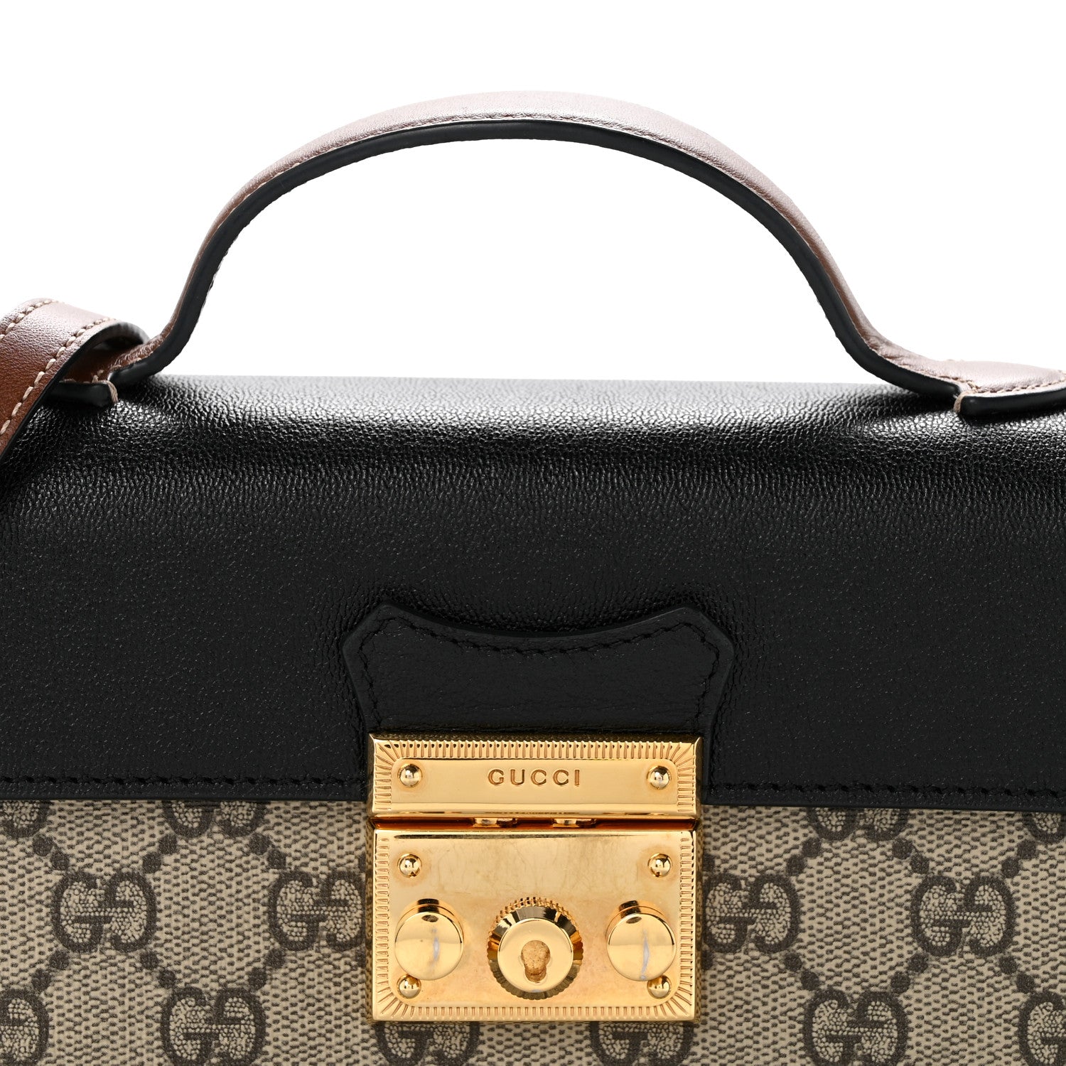 Gucci GG Supreme Monogram Calfskin Mini Padlock Top Handle Shoulder Bag Beige Black Cuir 8 of 15