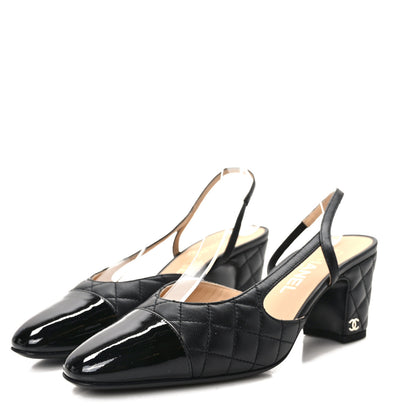 Chanel Lambskin Patent Calfskin Quilted Cap Toe CC Slingback Pumps 38 Black 3 of 9