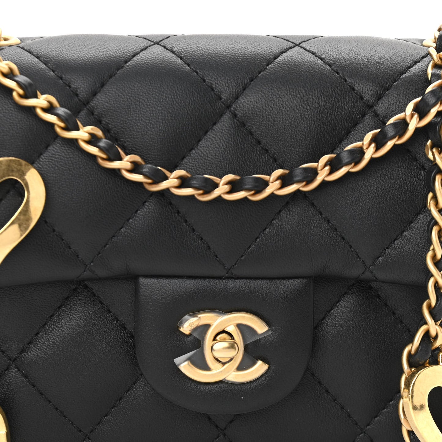 Lambskin Quilted Mini Heart Charms Flap Black