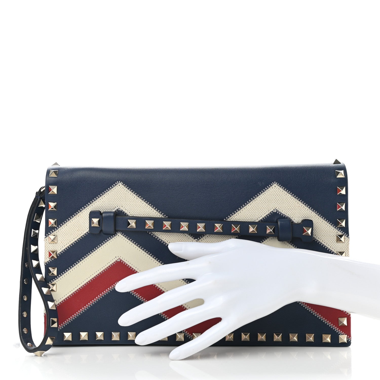 Valentino Garavani Nappa Canvas Chevron Striped Rockstud Wristlet Clutch Blue Red White 2 of 6