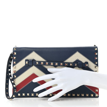 Valentino Garavani Nappa Canvas Chevron Striped Rockstud Wristlet Clutch Blue Red White 2 of 6