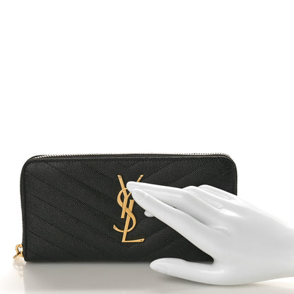 Saint Laurent Grain De Poudre Matelasse Chevron Monogram Zip Around Wallet Black 2 of 8