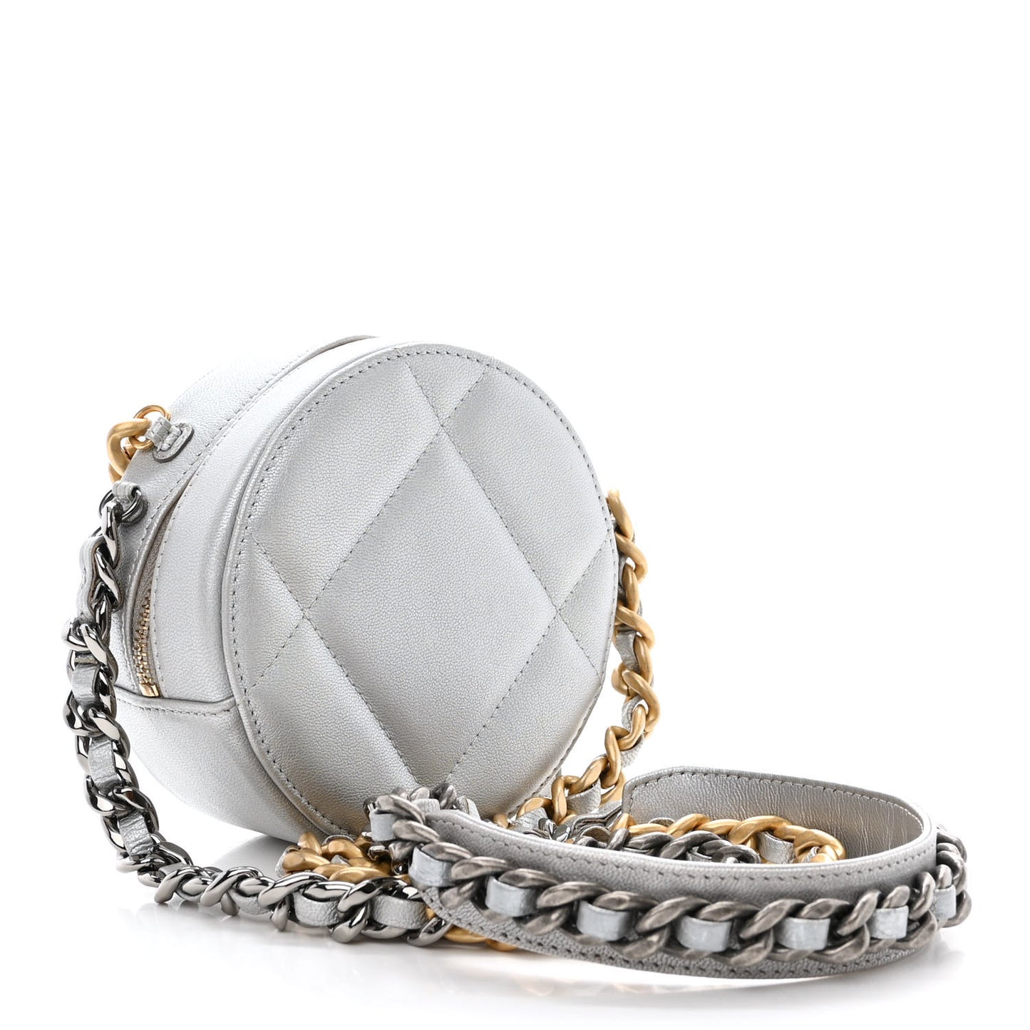 Metallic Lambskin Quilted Chanel 19 Round Clutch With Chain Silver