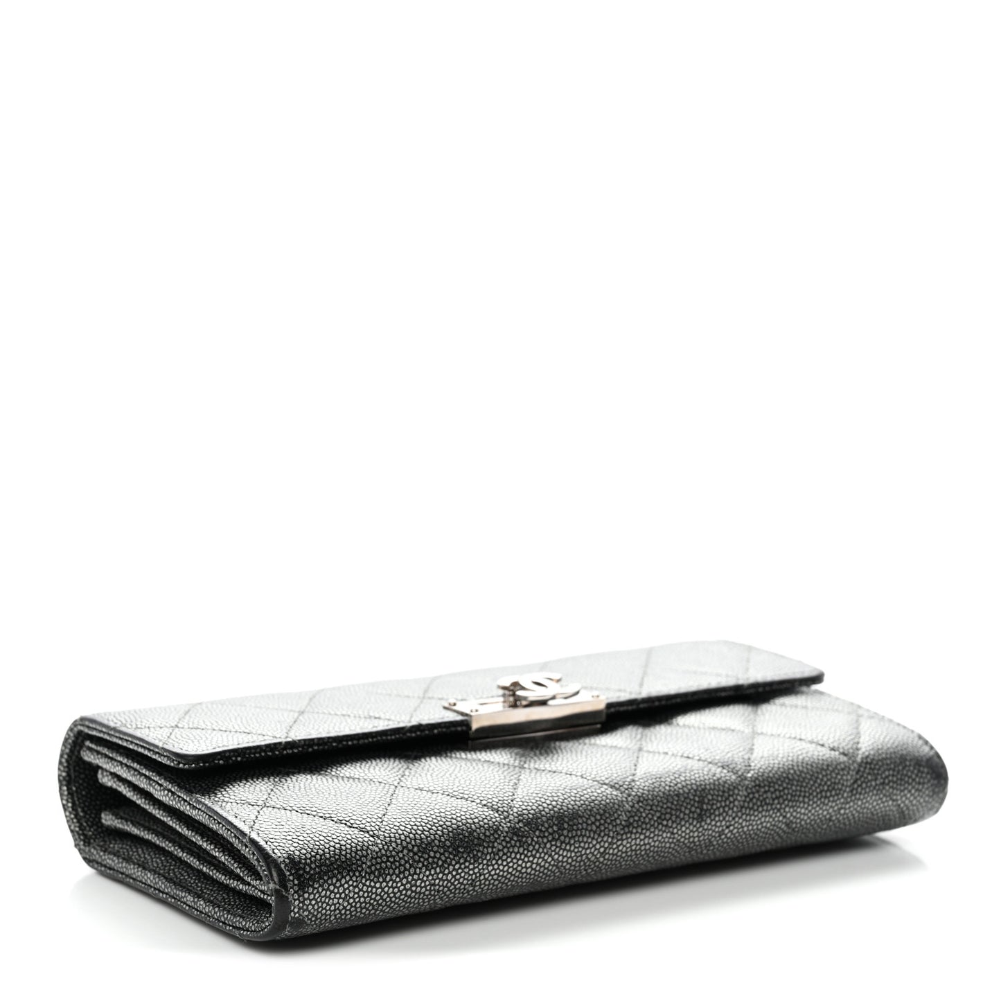Metallic Caviar Quilted Large Golden Class Gusset Flap Wallet Dark Grey
