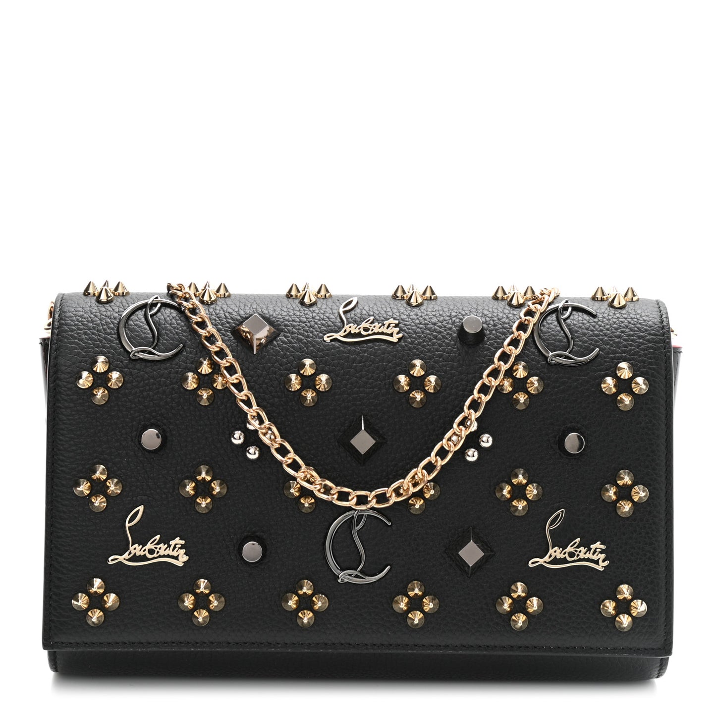 Grained Calfskin Spikes Loubinthesky Paloma Wallet On Chain Black Multimetal