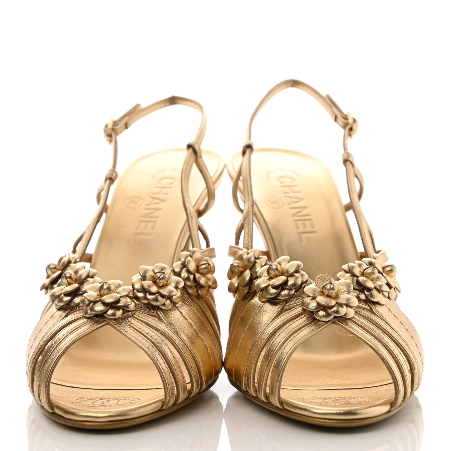 Laminated Lambskin Camellia Sandals 40 Gold