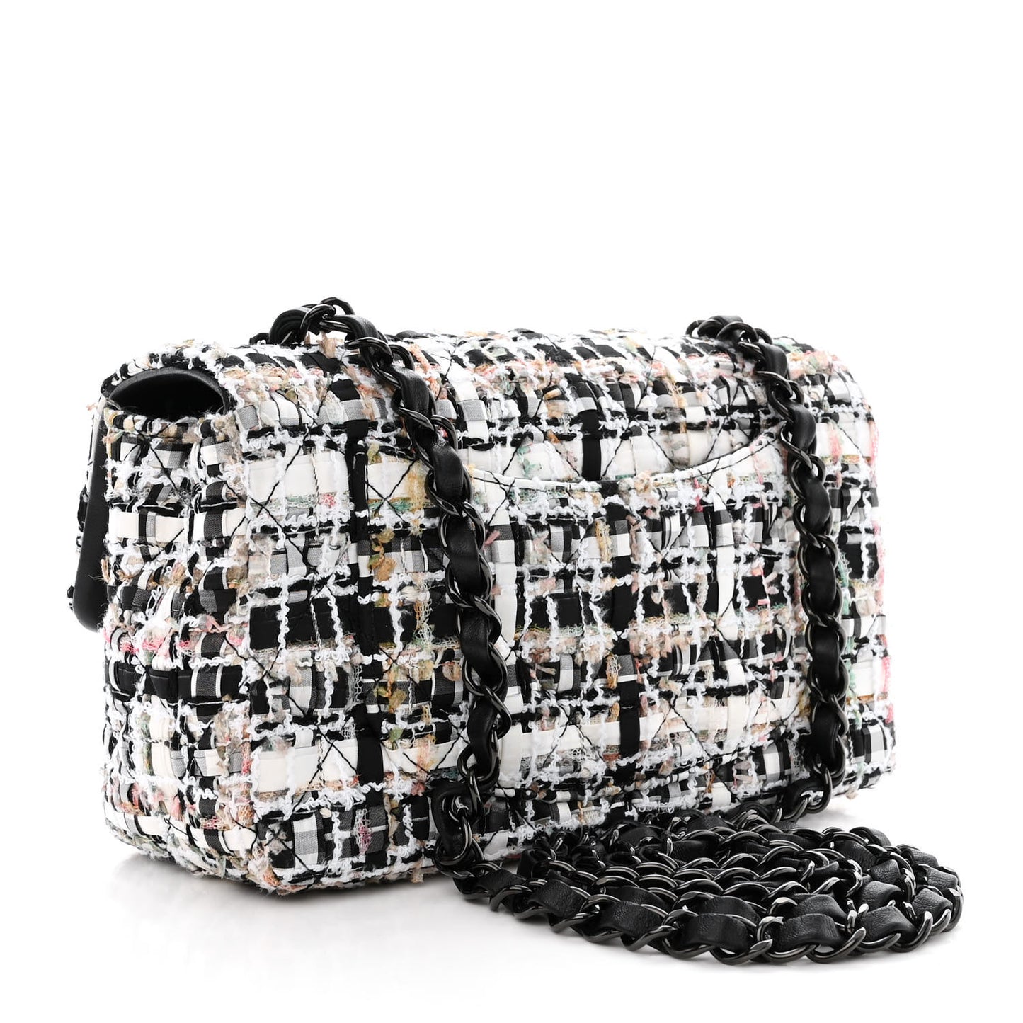 Tweed Quilted Mini Rectangular Flap White Black Multicolor