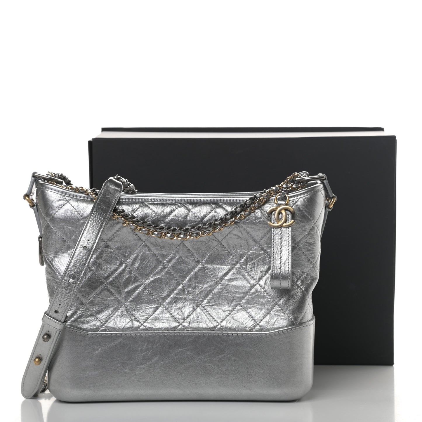 Metallic Aged Calfskin Quilted Medium Gabrielle Silver