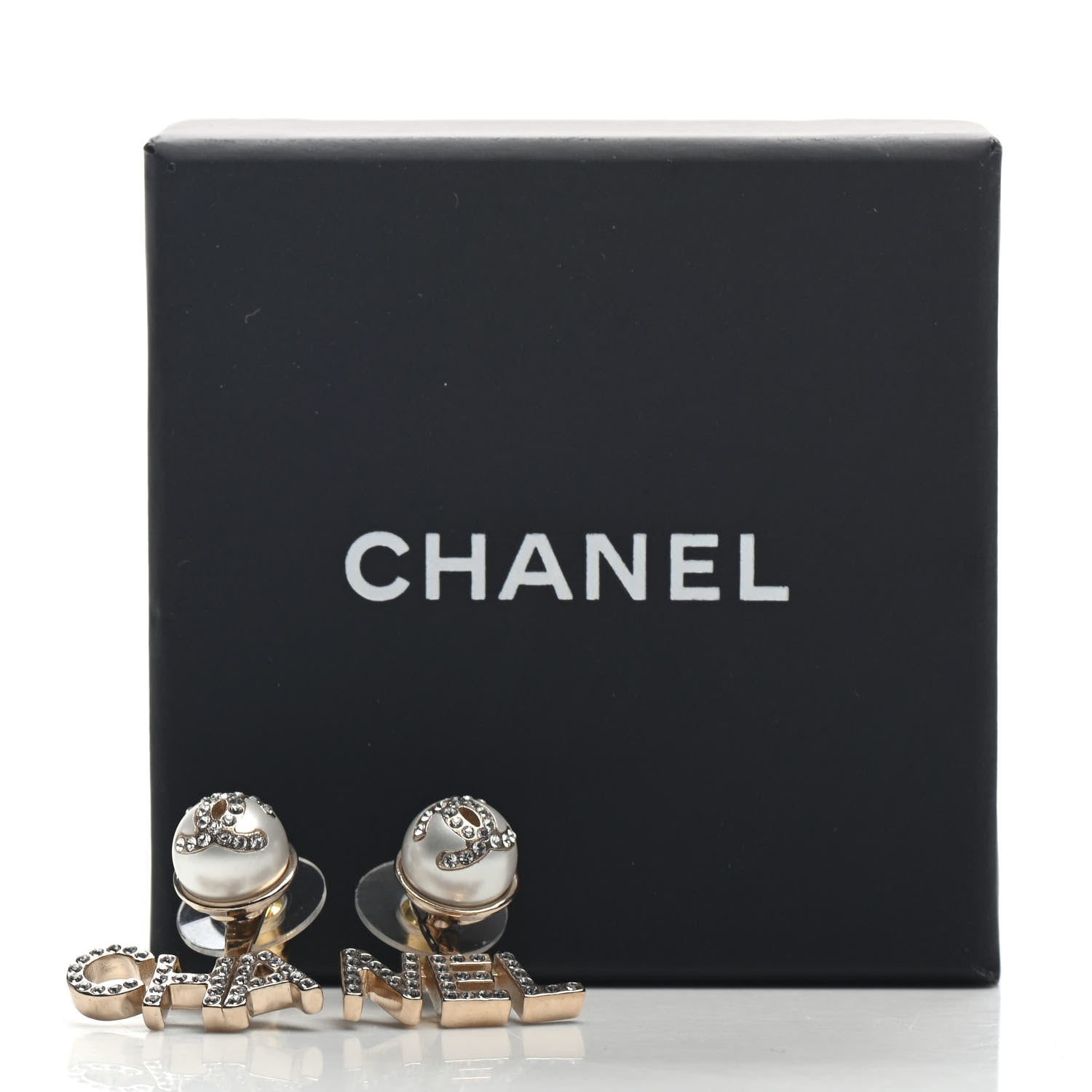 Chanel Pearl Crystal Logo Earrings Gold Pearly White 5 of 5
