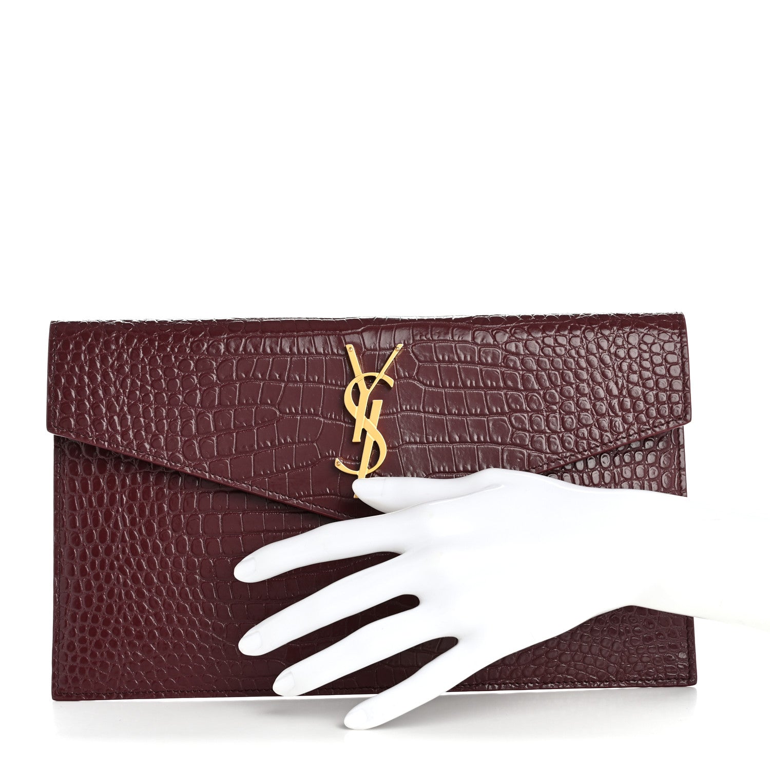 Saint Laurent Calfskin Crocodile Embossed Uptown Monogram Clutch