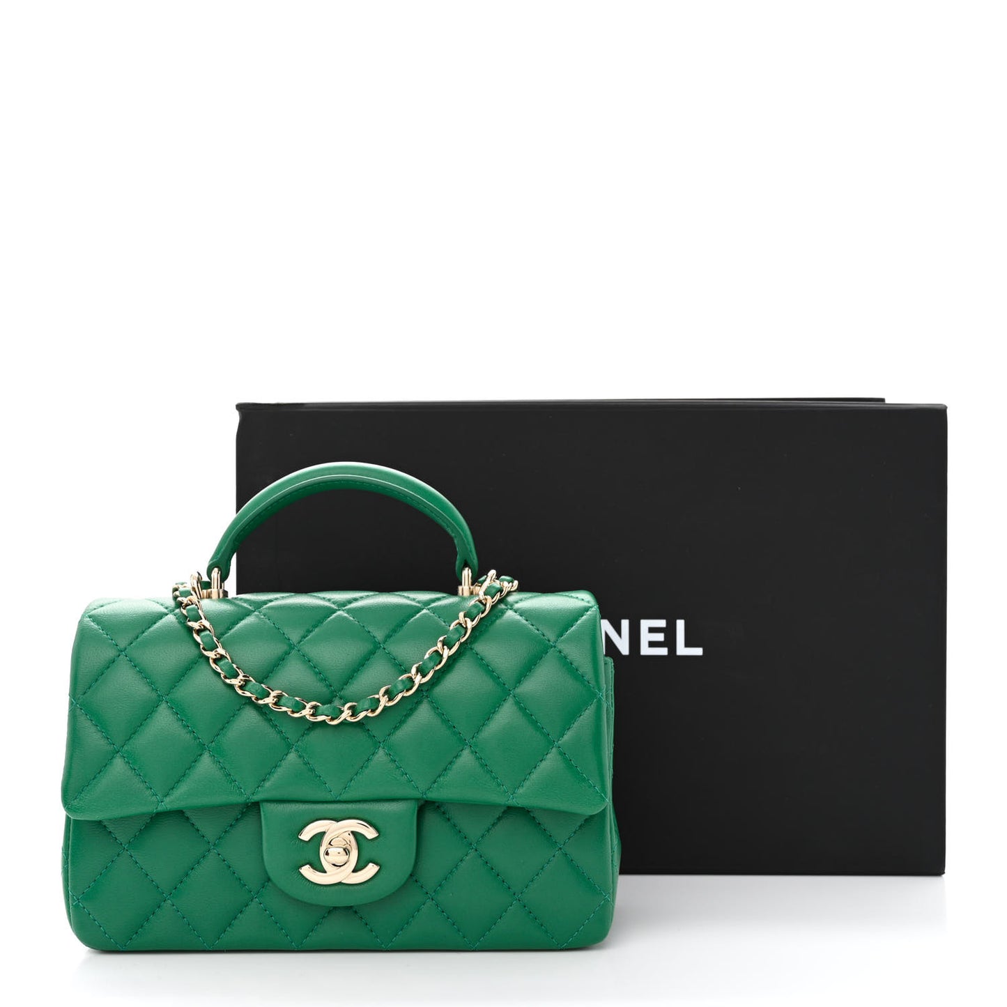 Lambskin Quilted Mini Top Handle Rectangular Flap Green