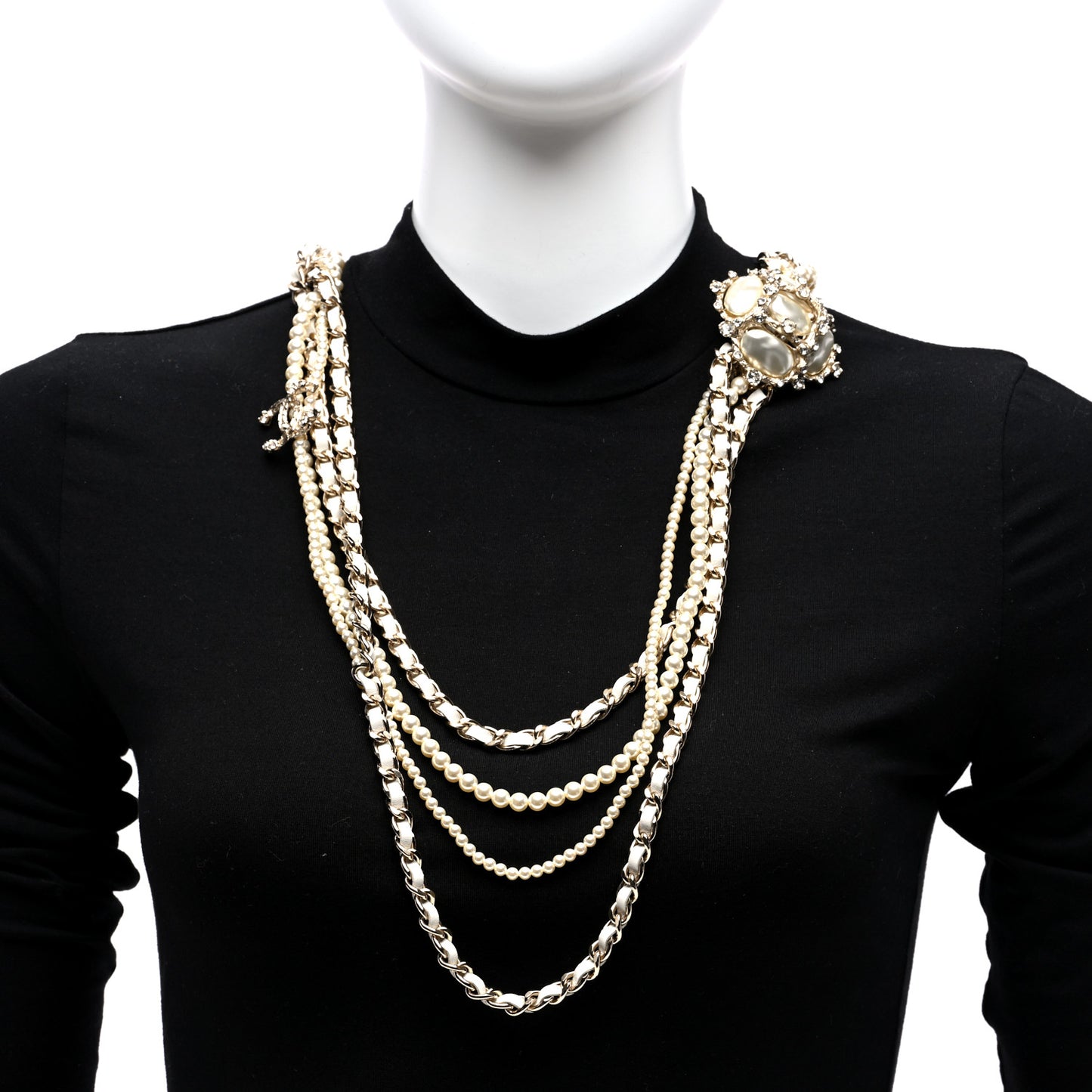 Pearl Crystal Lambskin Multi Strand CC Necklace Pearly White