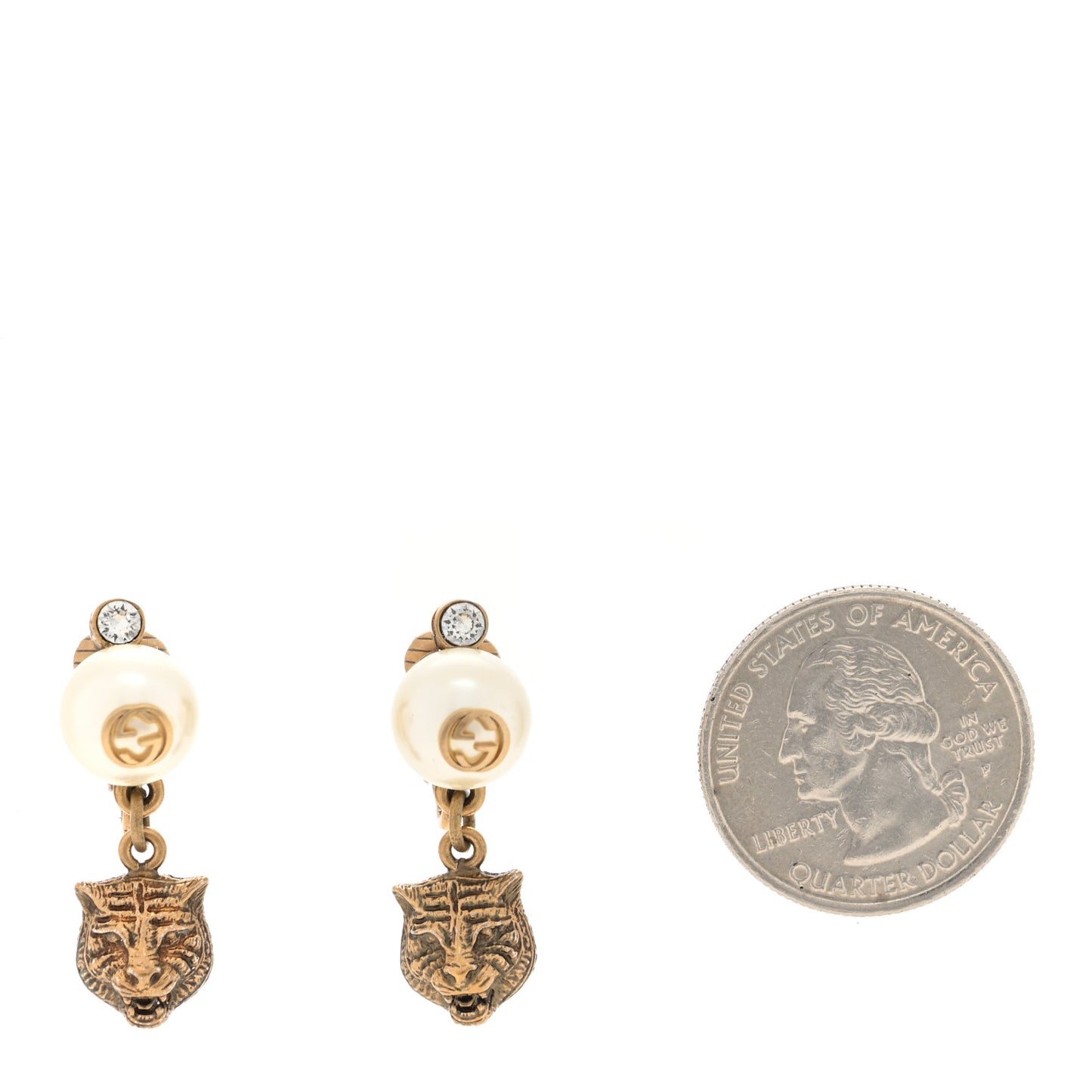 Metal Crystal Resin Pearl Feline Clip On Earrings Aged Gold