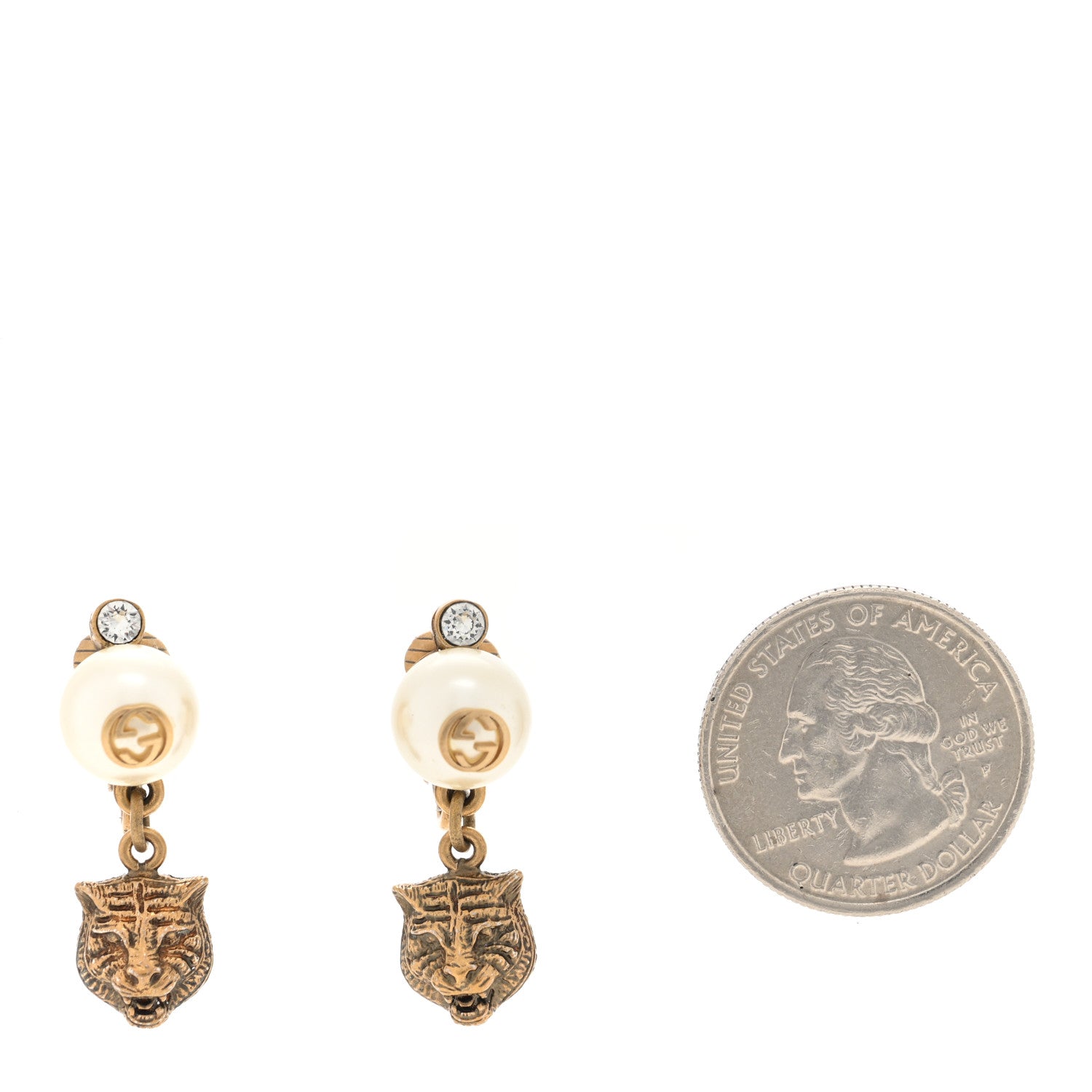 Gucci Metal Crystal Resin Pearl Feline Clip On Earrings Aged Gold 2 of 4