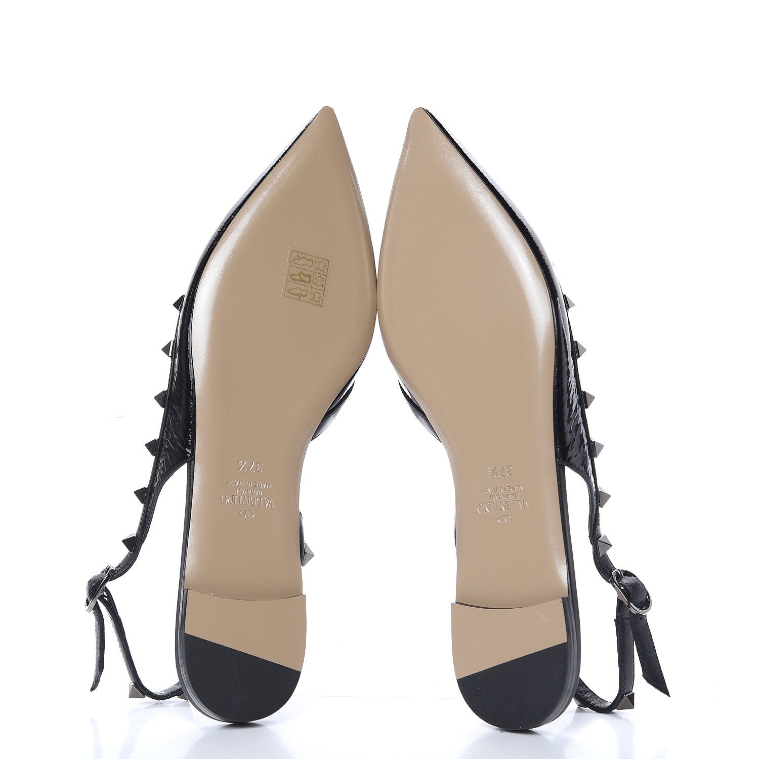 Valentino Garavani Crinkled Patent Calfskin Rockstud Slingback Flats 37.5 Black 8 of 9
