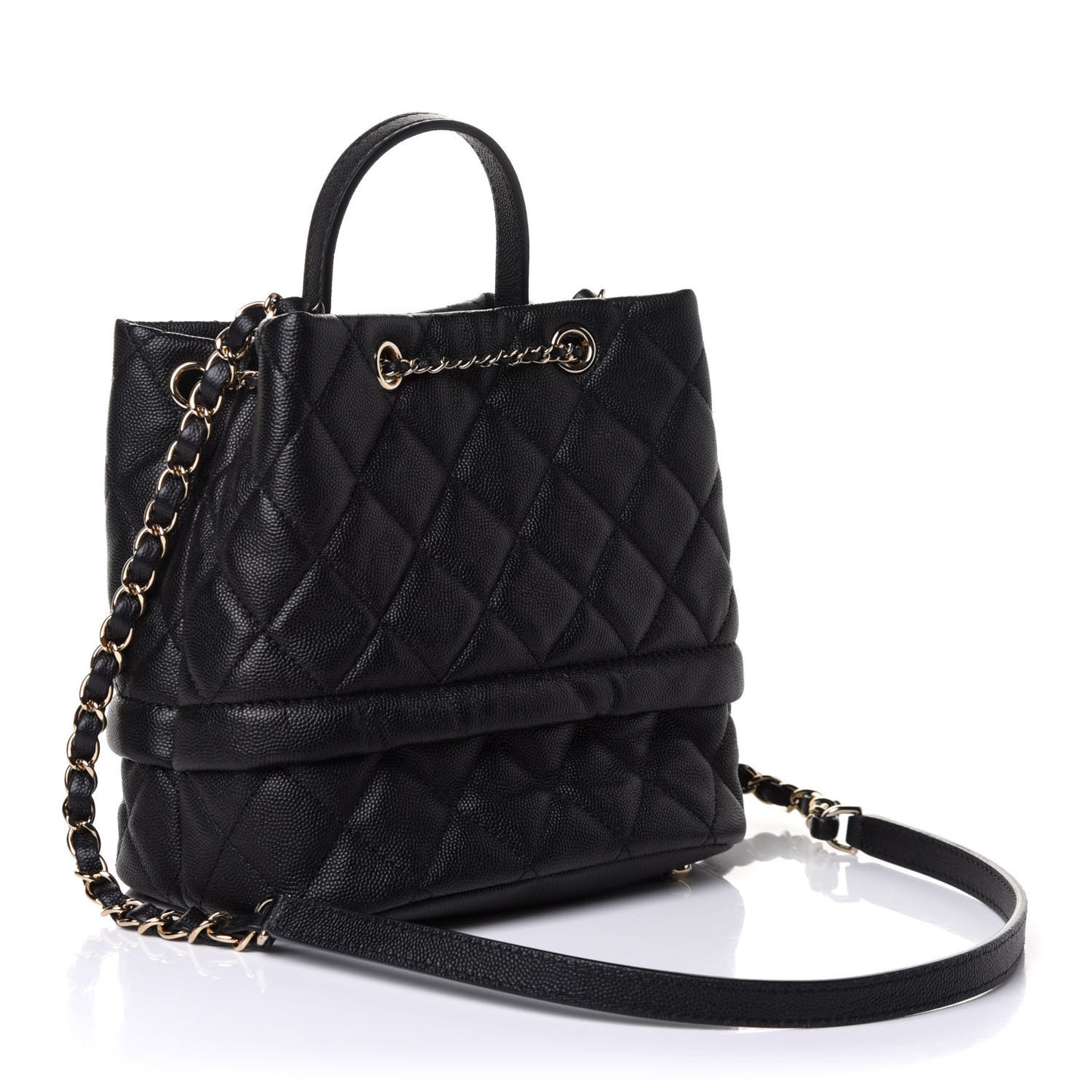Caviar Quilted Rolled Up Bucket Drawstring Bag Black