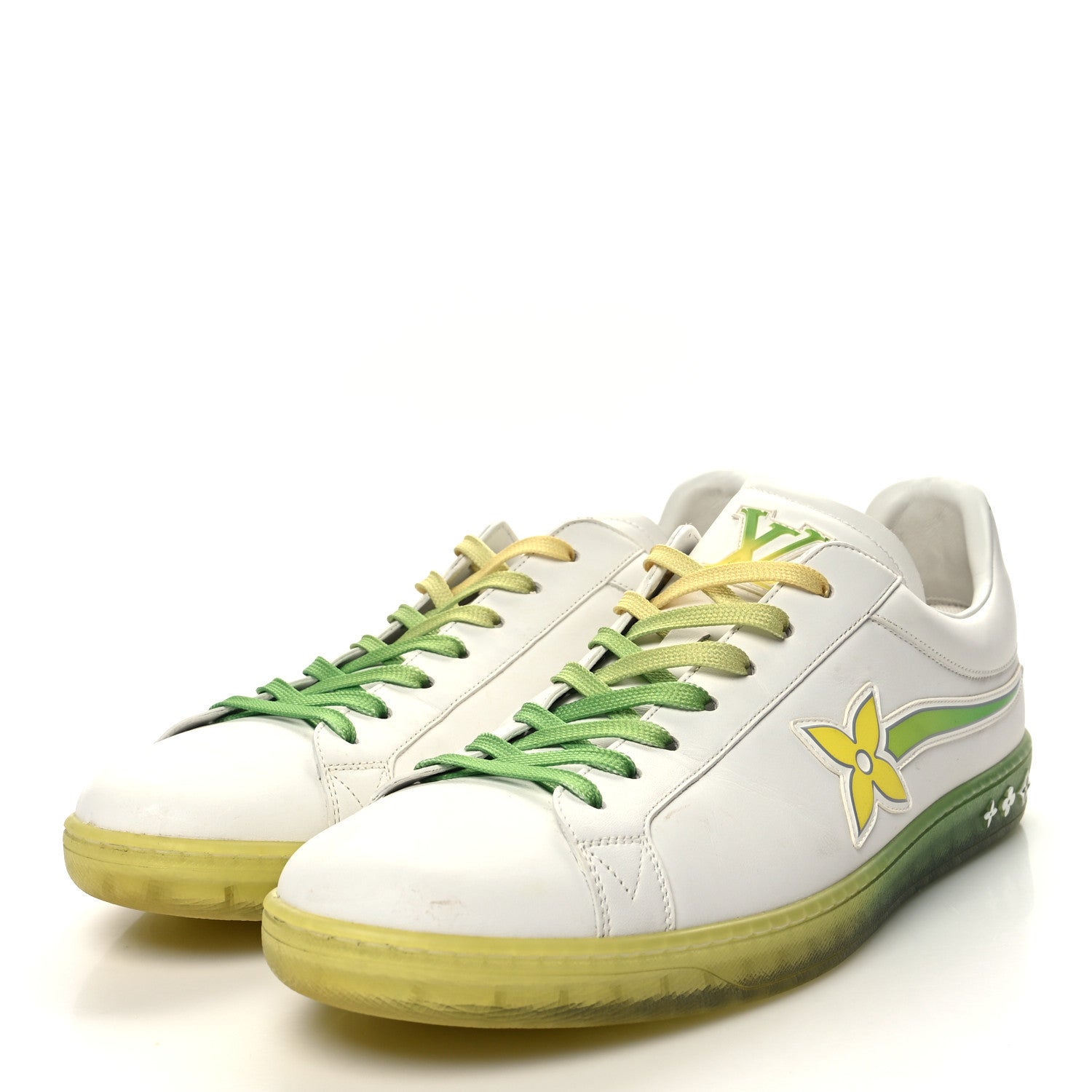 Louis Vuitton Calfskin Mens Luxembourg Samothrace Sneakers 10 White Yellow Green 3 of 10
