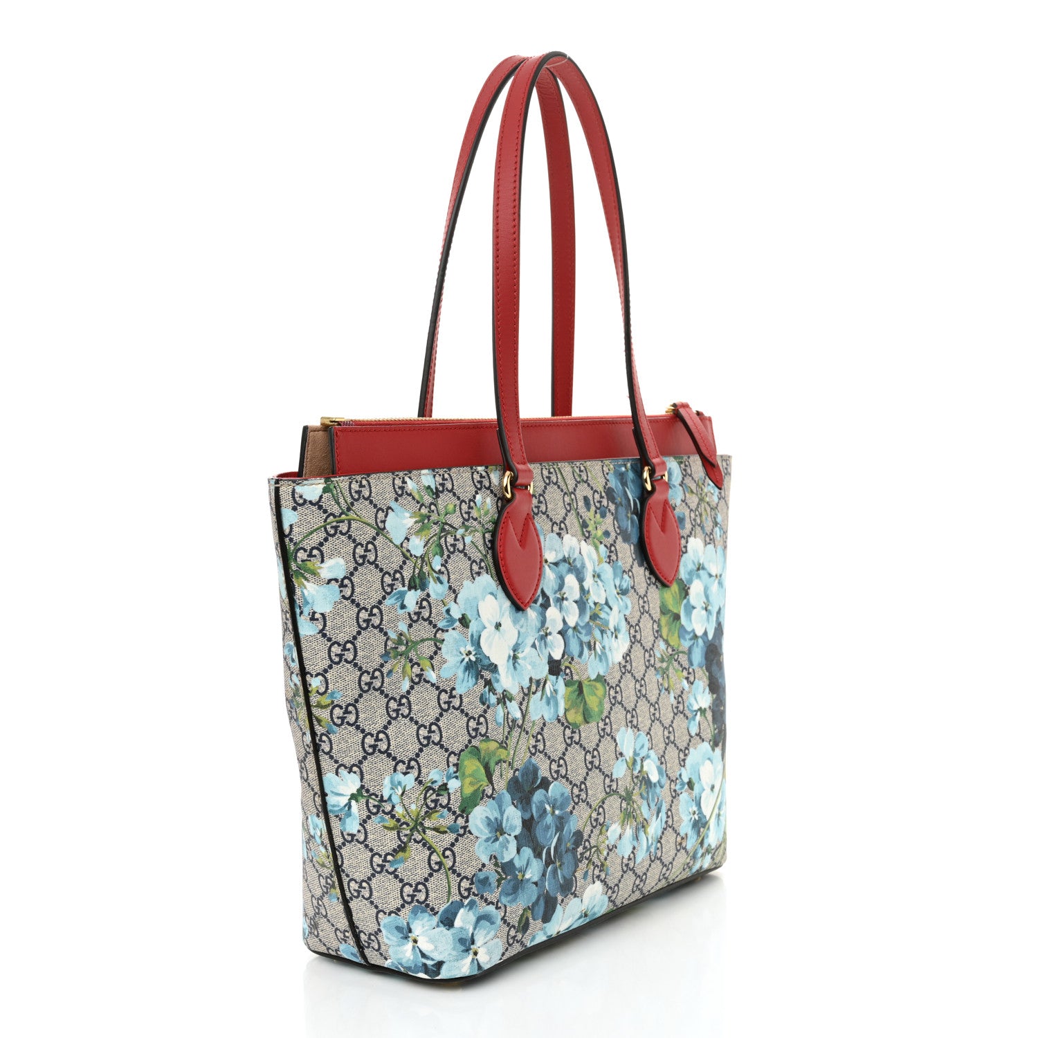 Gucci GG Supreme Monogram Blooms Medium Zippered Bucket Tote Beige Blue Navy Hibiscus Red 3 of 11