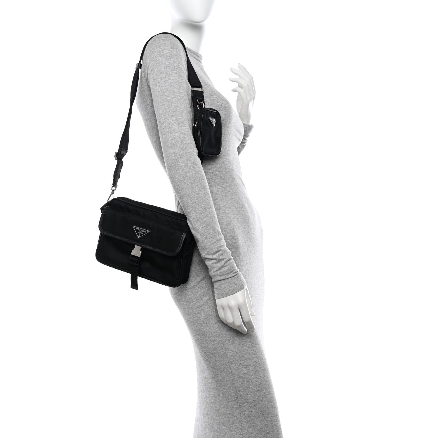 Prada Re-Nylon Saffiano Pocket Single Snap Buckle Shoulder Bag Black 2 of 9