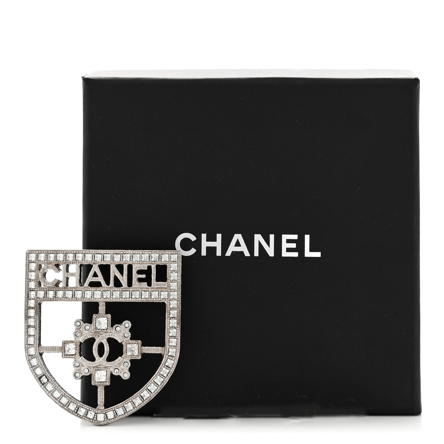 Swarovski Baguette Crystal CC Shield Brooch Silver