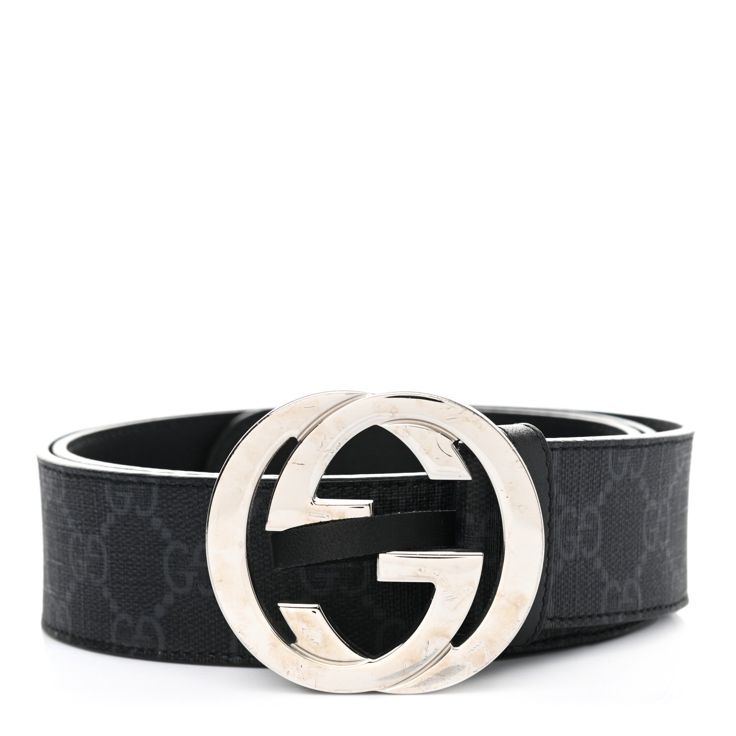 Gucci GG Supreme Monogram Selleria Calfskin Interlocking G 40mm Belt 95 38 Black Grey 1 of 8