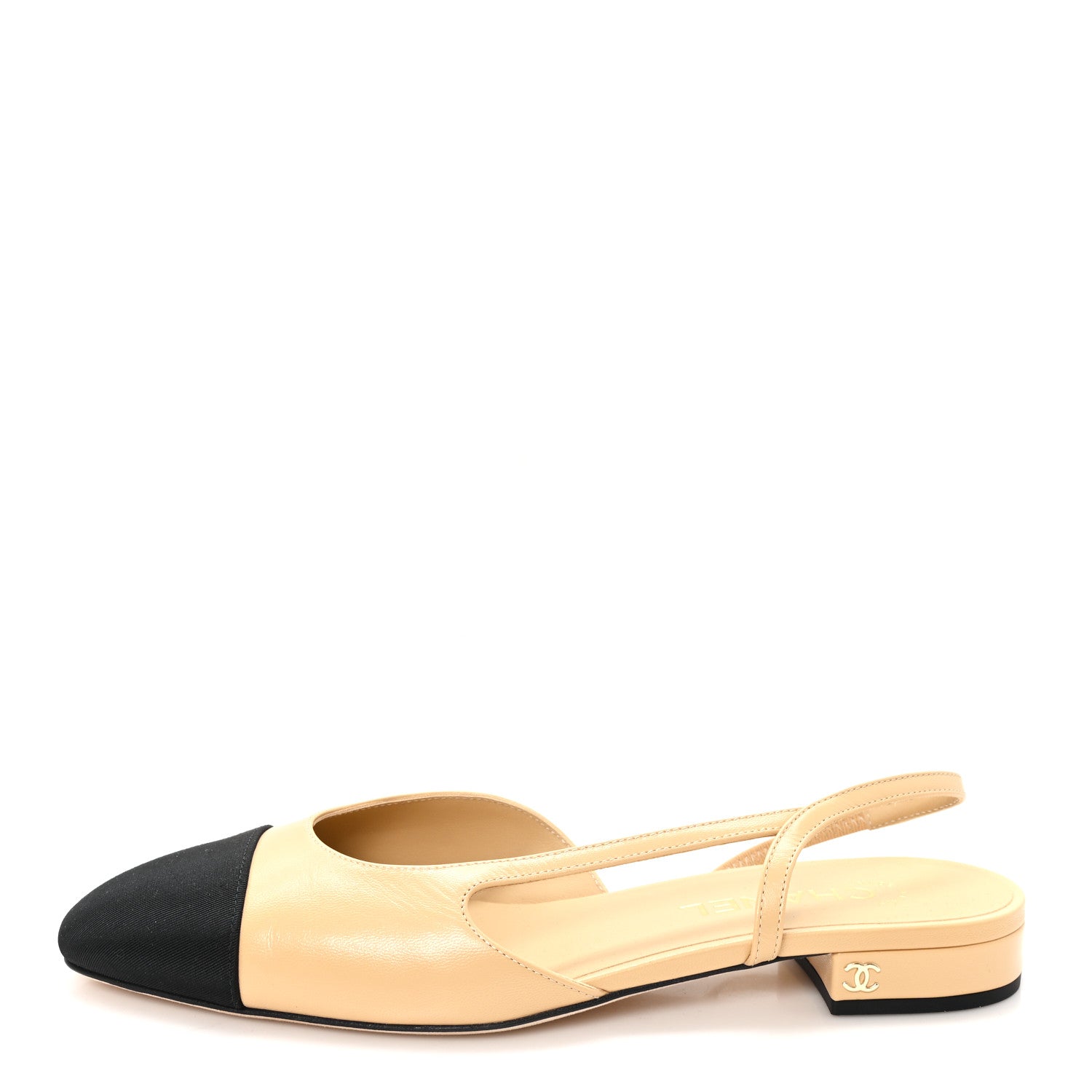 Chanel Lambskin Grosgrain Cap Toe CC Slingback Sandals 40 Beige Black 1 of 10